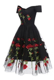 Off The Shoulder Black Rose Floral Homecoming Dresses Short Party Dress, HZ0307