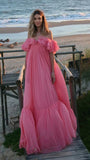 Off The Shoulder Pink Chiffon Party Dress, Puffy Senior Prom Dress, HZ0307
