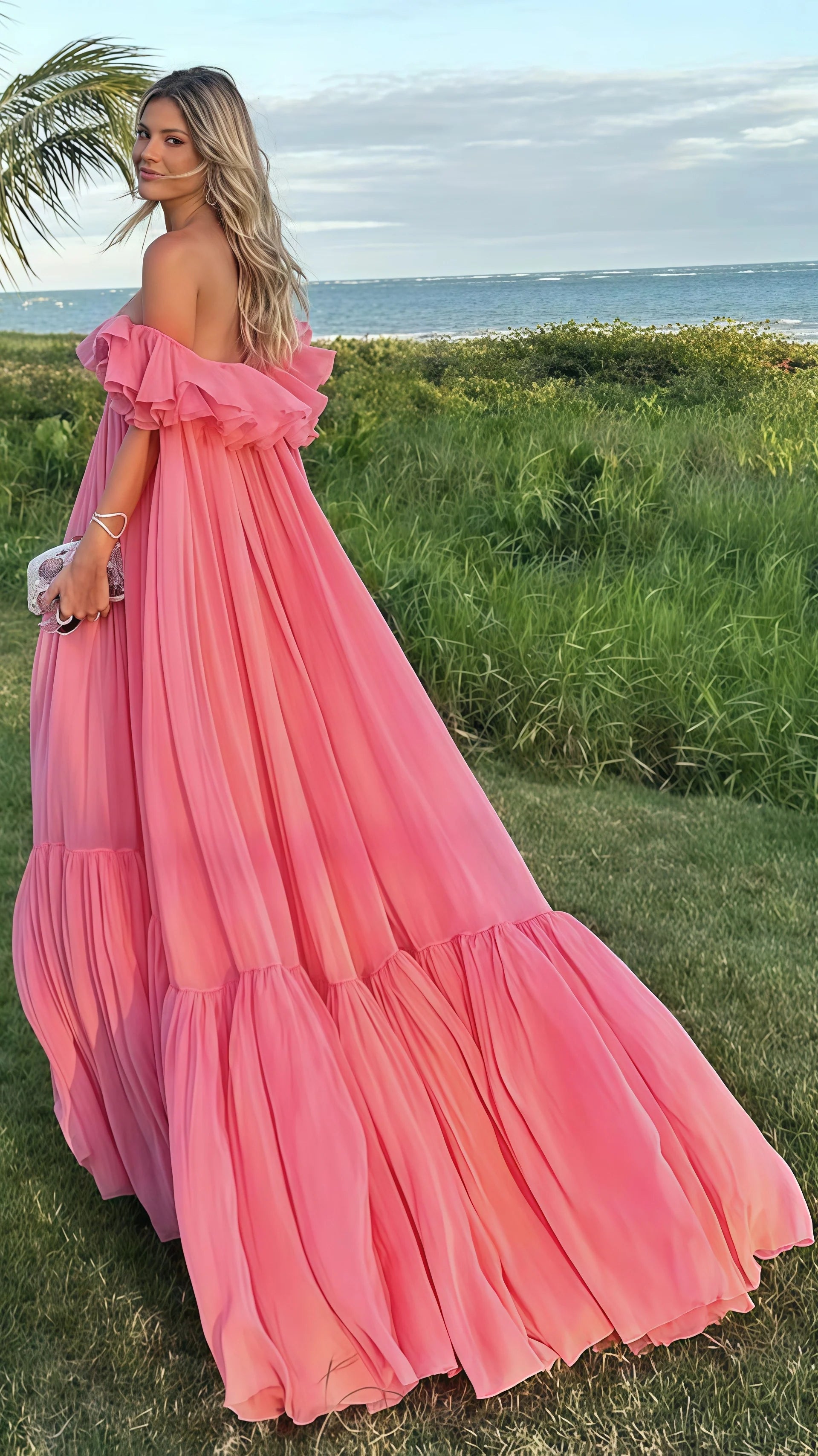 Off The Shoulder Pink Chiffon Party Dress, Puffy Senior Prom Dress, HZ0307