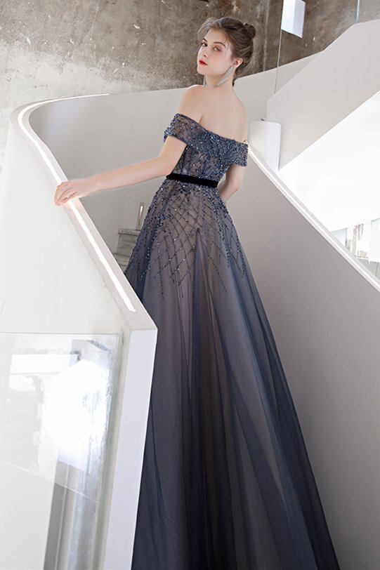 Off the Shoulder Beaded Blue Long Formal HZ0307