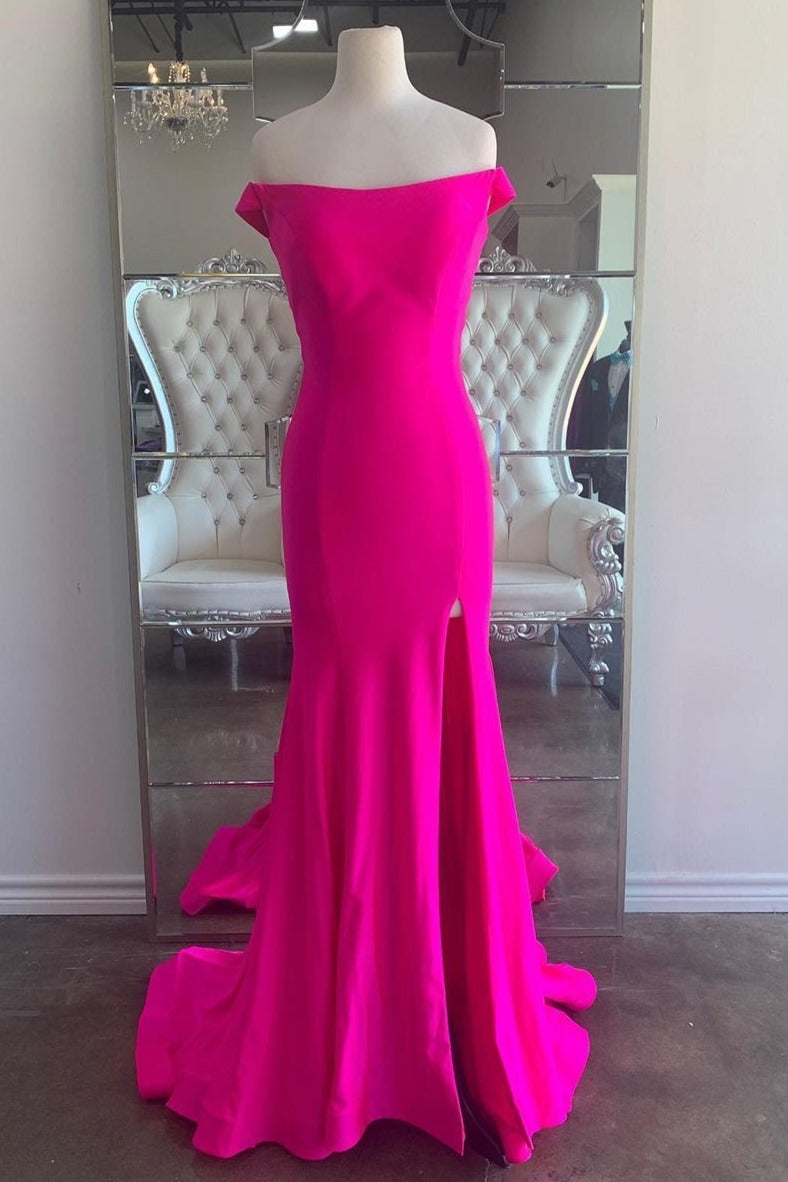 Off the Shoulder Neon Pink Mermaid Long Formal HZ0307