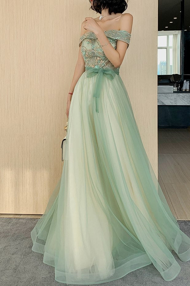 Off the Shoulder Sage Green Tulle Formal HZ0307