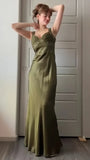 Olive Green Sheath Beaded Prom Dresses Silky Full Length Evening Party HZ0307