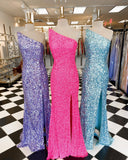 One Shoulder Hot Pink Sequins Mermaid Long Prom HZ0307