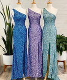 One Shoulder Hot Pink Sequins Mermaid Long Prom HZ0307