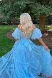 Sky Blue Puffy Sleeves Tulle Ruffles Long Prom HZ0307