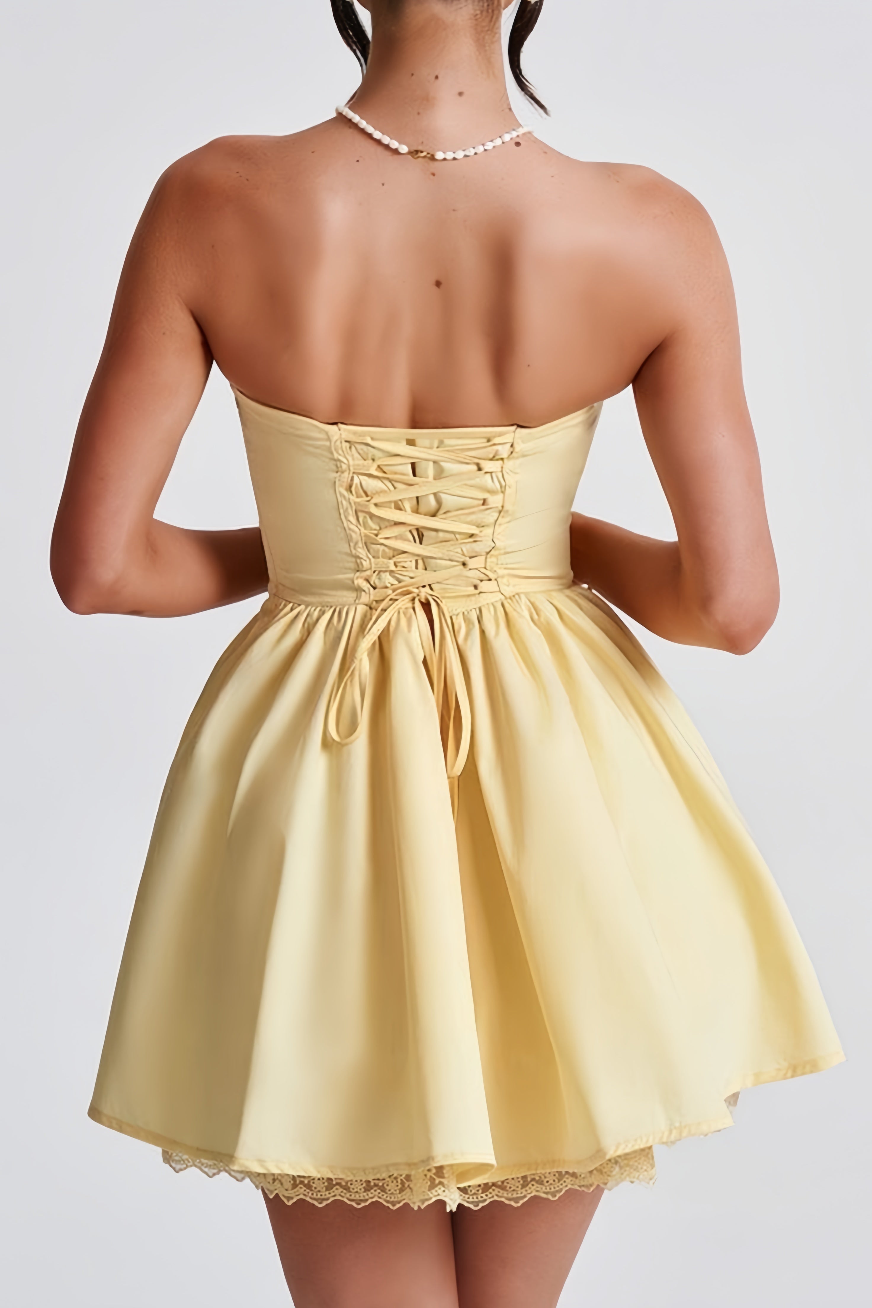 Pastel Yellow Strapless Homecoming Dresses Satin Lace Party Gown, HZ0307