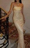 Pretty Mermaid Strapless Long Yellow Sequin Satin Party Dresses Prom Dresses, HZ0307