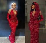 Pretty Sheath V Neckline Red Sequin Long Prom Dresses Formal Evening Dress , HZ0307