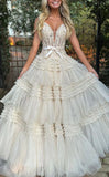 Princess V-Neck Lace Ruffle Tulle Prom Dresses, Long Celebrity HZ0307