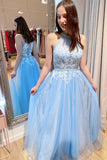 Princess High Neck Blue and White Lace Long Prom HZ0307