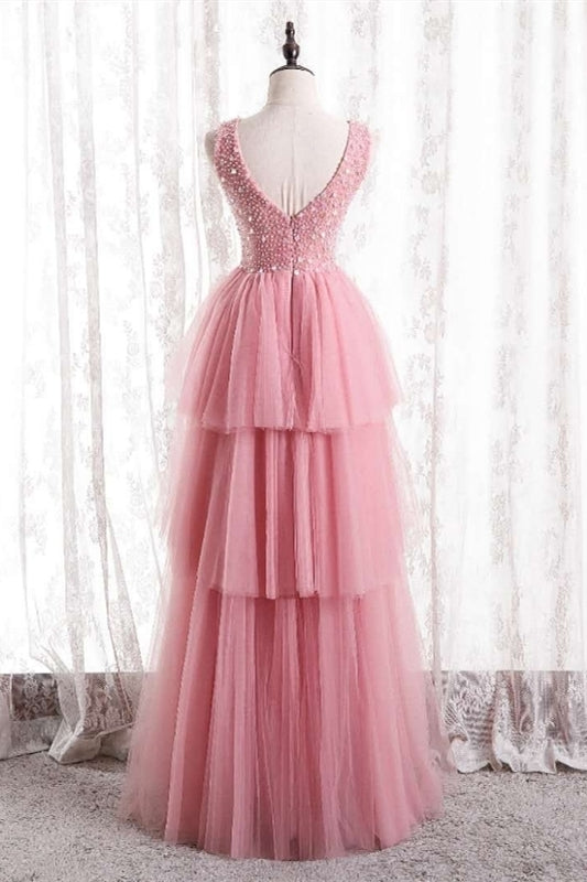 Princess Pink Tiered Tulle Long Formal HZ0307