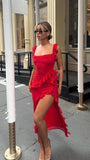 Red Chiffon Party Dresses Sexy Prom Dress Ruffle Slit HZ0307