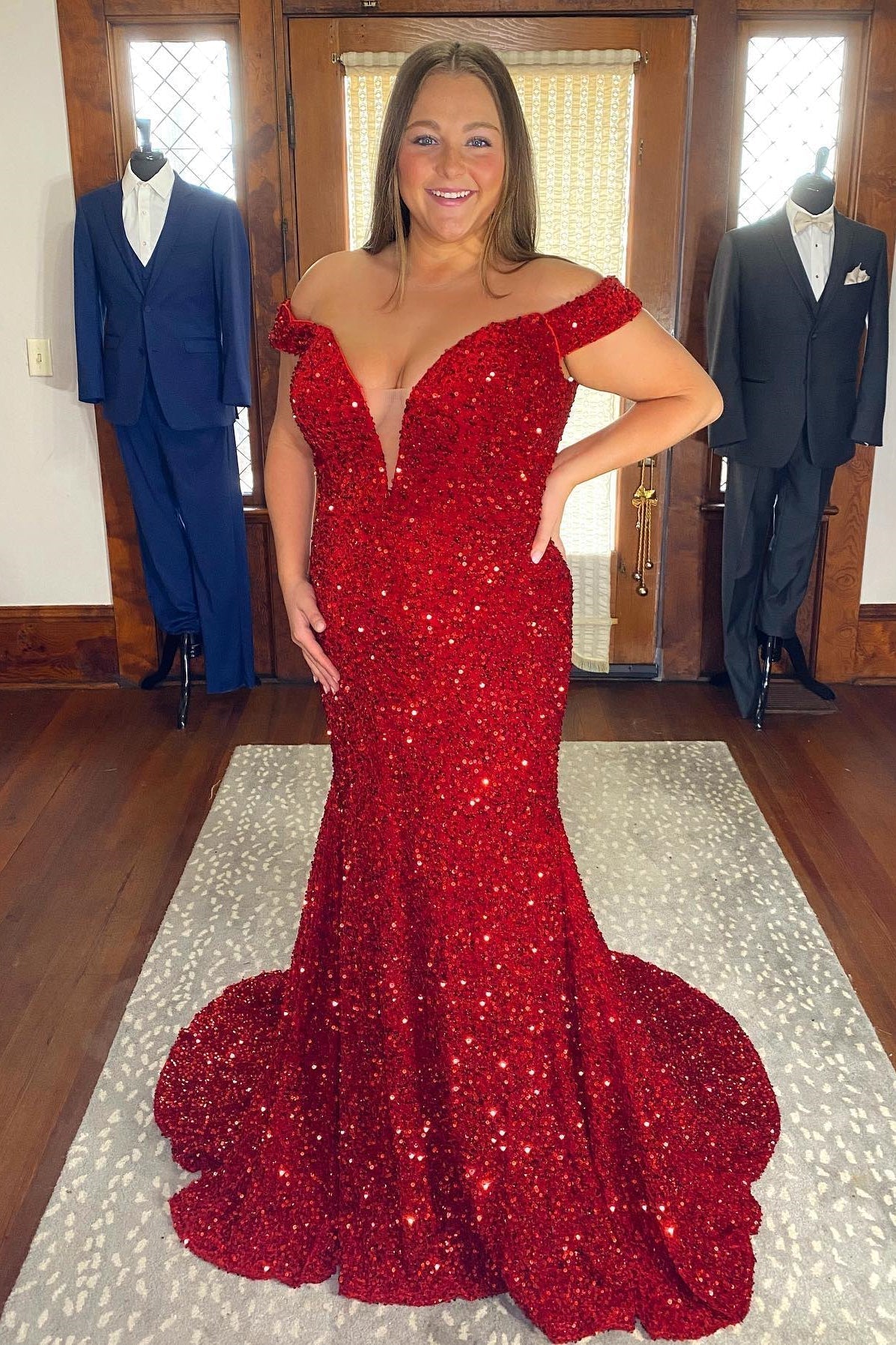 Red Sequin Mermaid Off the Shoulder Long Formal HZ0307