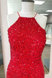 Red Sequins Mermaid Halter Long Prom HZ0307