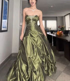 Retro Ball Gown Strapless Green Ruffles Satin Long Party Dress Prom Dresses, HZ0307