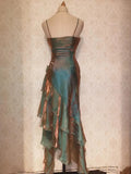 Retro Mermaid Spaghetti Straps Satin Long Party Dress Prom Dresses, HZ0307