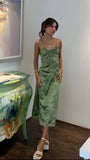 Retro Olive Green Floral Print Evening Prom Dresses Midi HZ0307