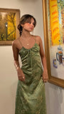 Retro Olive Green Floral Print Evening Prom Dresses Midi HZ0307