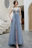 Rhinestons Blue A-line Tulle Formal HZ0307