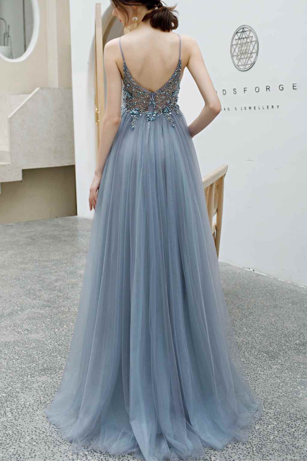 Rhinestons Blue A-line Tulle Formal HZ0307