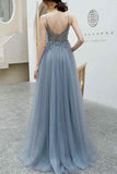 Rhinestons Blue A-line Tulle Formal HZ0307