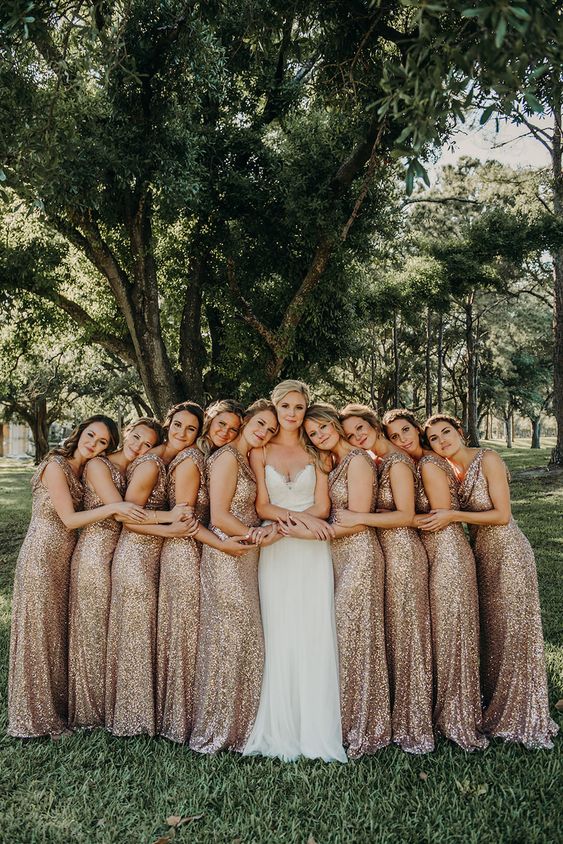 Rose Gold Sequin Bridesmaid Dress, Floor Length Bridesmaid Dresses, HZ0307