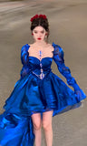 Royal Blue Organza High Low Party Dresses Long Sleeves Homecoming HZ0307