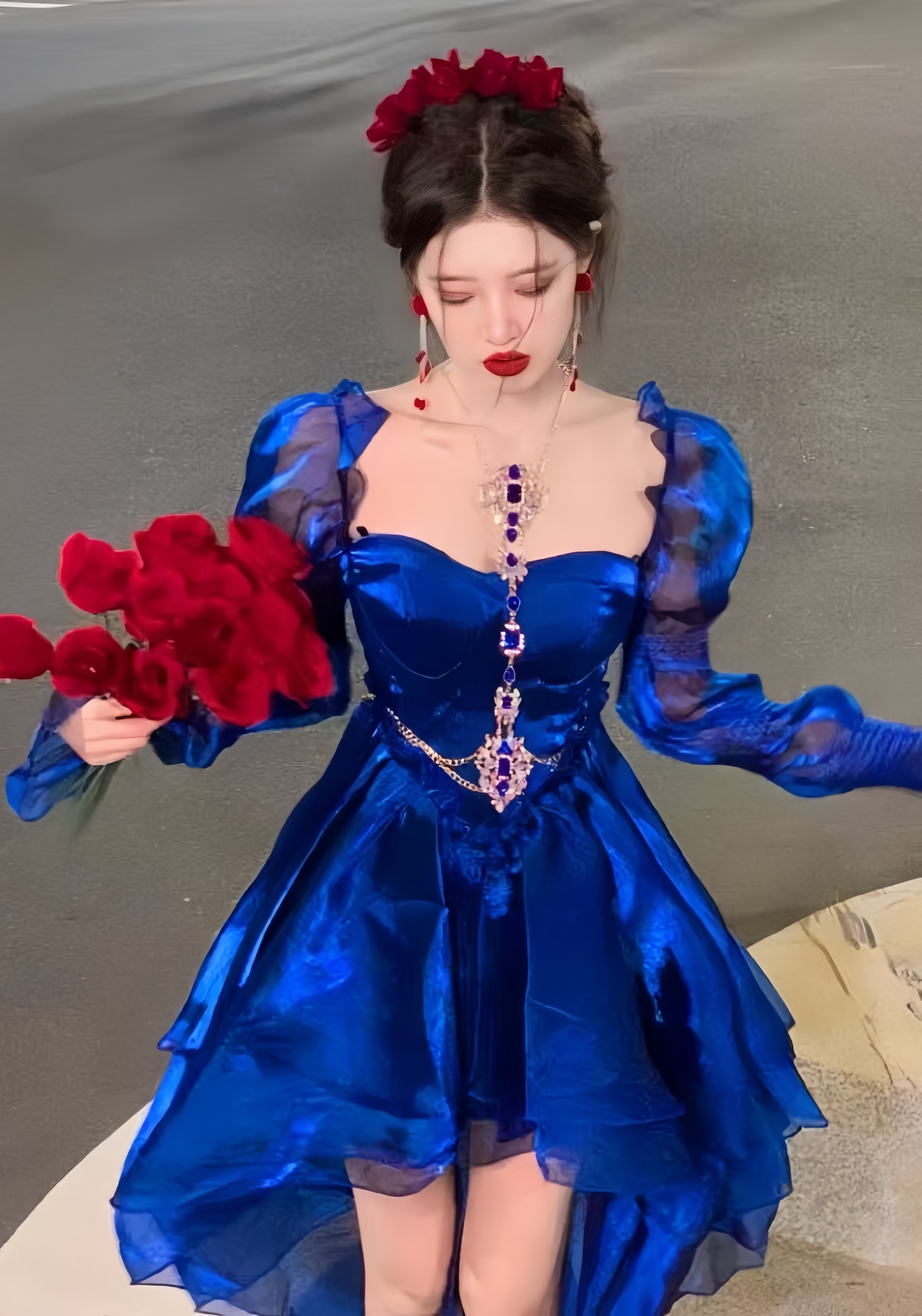 Royal Blue Organza High Low Party Dresses Long Sleeves Homecoming HZ0307