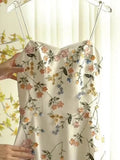 Sexy A line Spaghetti Straps Ivory Floral Satin Prom Dresses Birthday Outfits Evening Gown, HZ0307