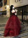 Sexy Ball Gown Strapless Burgundy Tulle Birthday Dresses Night Party Dress, HZ0307