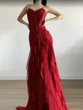 Sexy Mermaid Spaghetti Straps Red Chiffon Ruffles Birthday Dresses Long Prom Dress, HZ0307