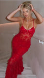 Sexy Red Lace Mermaid Long Prom Dresses Spaghetti Straps Evening Formal HZ0307