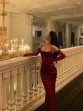 Sexy Sheath Spaghetti Straps Lace Red Velvet Long Prom Dresses Birthday Outfits With Gloves , HZ0307