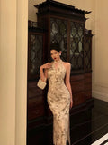 Sexy Sheath Straps Halter Floral Satin Prom Dresses Birthday Outfits Evening Gown, HZ0307