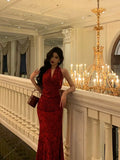 Sexy Sheath V Neckline Red Floral Ankle Length Prom Dresses Birthday Dress , HZ0307