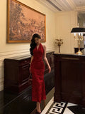 Sexy Sheath V Neckline Red Floral Ankle Length Prom Dresses Birthday Dress , HZ0307