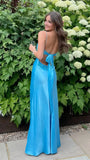 Sky Blue V-neck Party Dresses, Sheath Floor Length Prom HZ0307