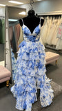 Spaghetti Straps Floral Chiffon Prom Dress With Ruffle Skirt, HZ0307