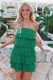 Spaghetti Straps Green Pleated Ruffles Homecoming Dresses, HZ0307
