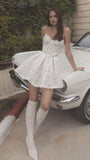 Spaghetti Straps White Lace Party Dress, Short Wedding HZ0307