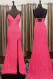 Spaghetti Straps Neon Pink Mermaid Long Prom Dress with HZ0307