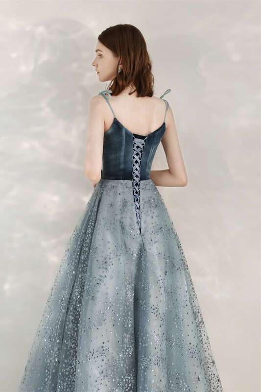 Sparkle A-line Blue Long Formal Dress with Velvet HZ0307