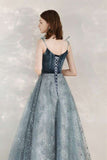 Sparkle A-line Blue Long Formal Dress with Velvet HZ0307