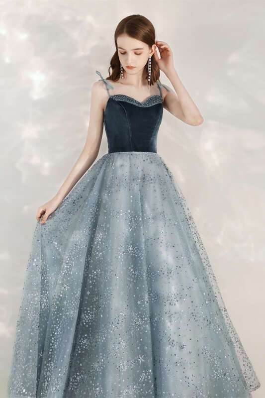 Sparkle A-line Blue Long Formal Dress with Velvet HZ0307