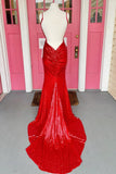 Sparkle Red Sequin Mermaid V Neck Long Prom HZ0307