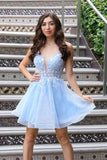LTP1783,Light Blue A-Line Homecoming Dresses, V-Neck Floral Hoco HZ0307