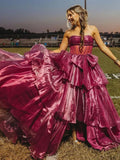Strapless A-Line Organza Ruffle Prom Dress, Sleeveless Bowknot Evening Gown, HZ0307