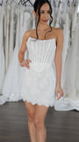 Strapless White Lace Wedding Dresses Short Lace Dress Wedding Reception Dress, HZ0307