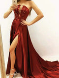 LTP0990,Burgundy a-line satin prom dresses floral applique evening prom HZ0307